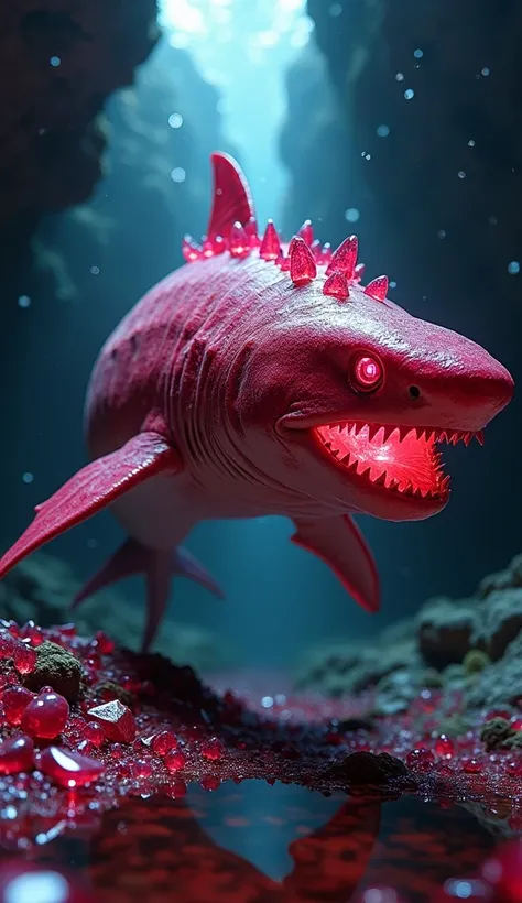 A terrifying yet captivating hybrid of a shark infused with the raw power and beauty of rubies. The creature’s body is a seamless blend of organic form and gemstone, with its skin appearing as smooth, polished ruby scales that shimmer with deep crimson hue...