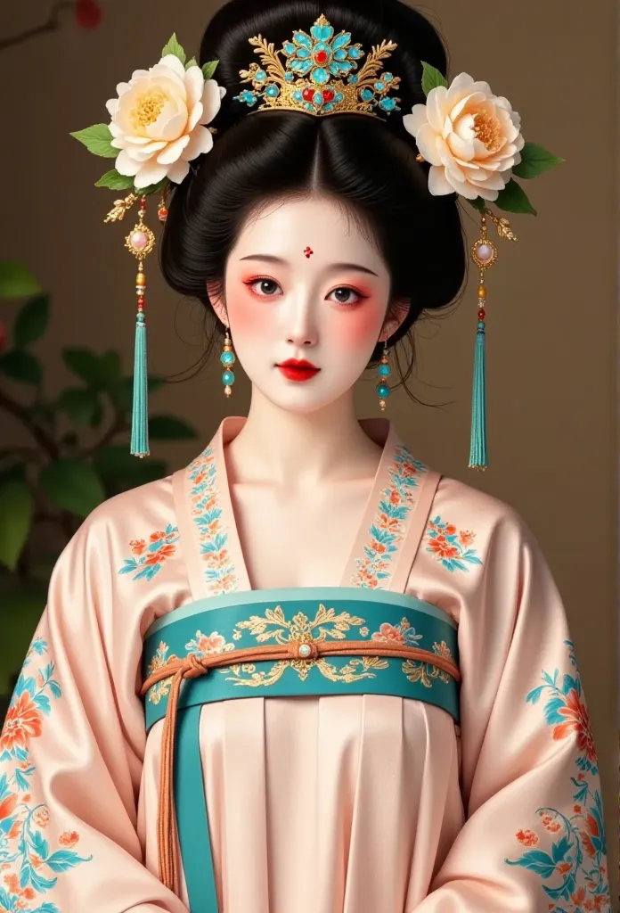 chinese tang dynasty 。beautiful woman with plump ，queen。。hanfu。 peony flowers in her hair。