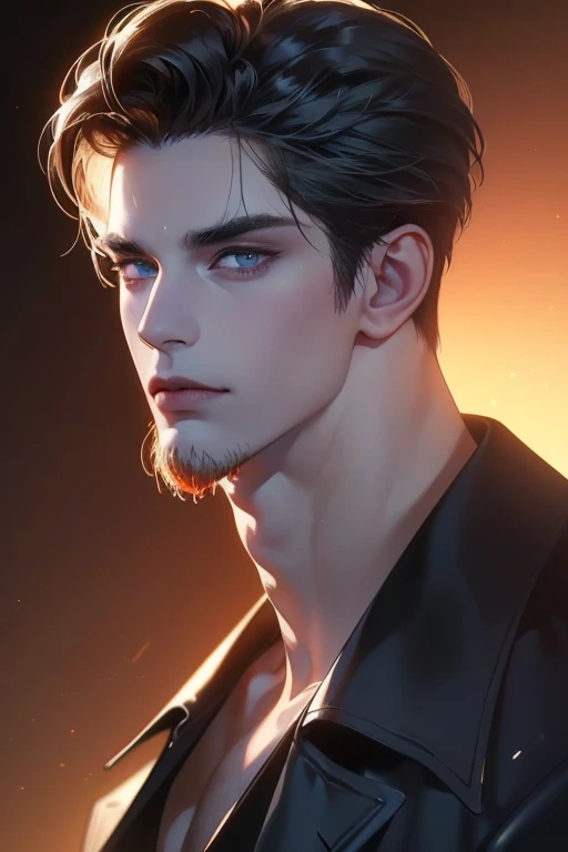 (best quality,4k,8k,highres,masterpiece:1.2),ultra-detailed,(realistic,photorealistic,photo-realistic:1.37),30 year old man,3 day beard,handsome anime,portraits,strong,masculine,dark hair,sharp jawline,mesmerizing eyes,perfectly styled hair,cool anime outf...