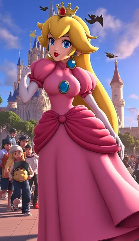 ((Princess peach from super mario bros series))(she has big glowing blue eyes)(bright red lips) (((long blonde straight hair)))(dark eyeshadows make up)((very huge breasts)) (perfect slim body) ((wear pink and white biker leotard and long boots)), (crown) ...