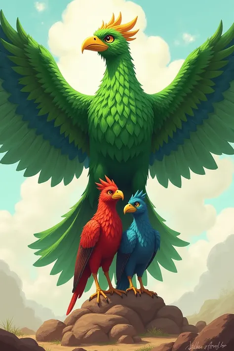  Three bird-shaped characters where one is green , one is red and the other is blue ,  the green bird is stepping on the other two and looks like a victorious phoenix 