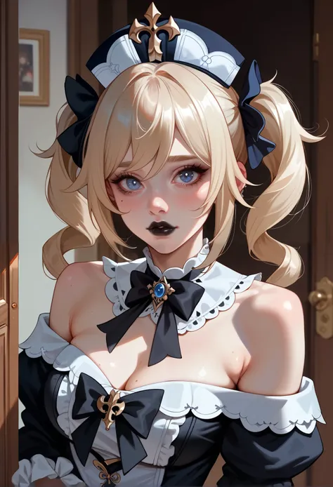 Barbara, Genshin Impact, gothic lolita cosplay, piercings, black lipstick, stoic, spooky mansion,