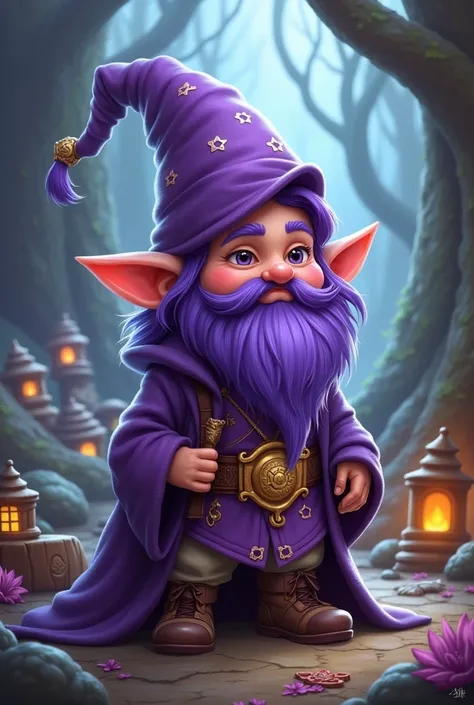 BEARDLESS 3ft tall young adult Gnome Wizard (dnd) with a purple goatee, light pink skin and purple hair