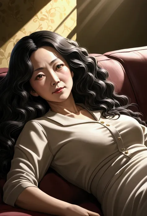  mature woman, lying on the couch ,  with big black wavy hair, wear braces , Full figure,  Thin facial features ,  realistic image quality ,  asian woman ,  age around 40 , surreal