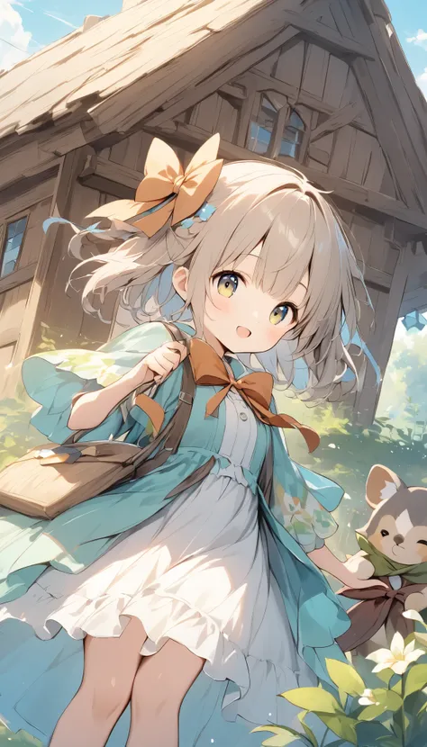    holding a wooden bow bright lines and soft colors create a dreamy effect., A fleeting impression.., one woman、 Old Tree House     、Girl with a wooden bow    、I have a wooden bow、cute、  Fantasy Villagers 、