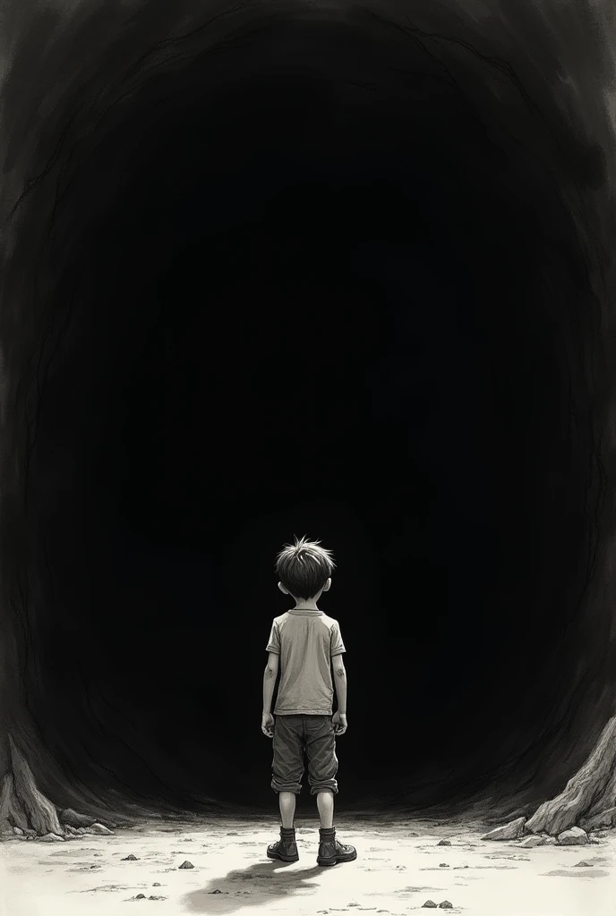 Drawing of a boy in front of a wall of darkness