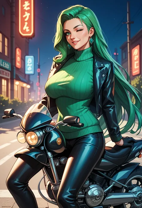 Score_9,Score_8_up,Score_7_up, Score_6_up,  source _anime, 1mature_FE, only 1 woman,  flirty look, winking,  neon green hair , very long hair ,  green eyes,  black jacket ,  Apollo green sweater,  Long sweater ,  black leather pants,  black gloves,  riding...