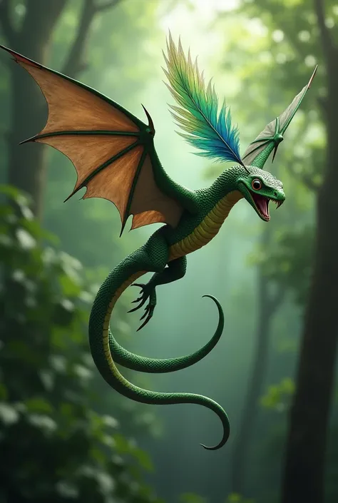  Boomslang ,  snake with feathered body, with bat wings, flying through trees  , green color, showing fangs,  very thin body , I&#39;m living, With a Quetzal feather on its tail, legless , SNAKE