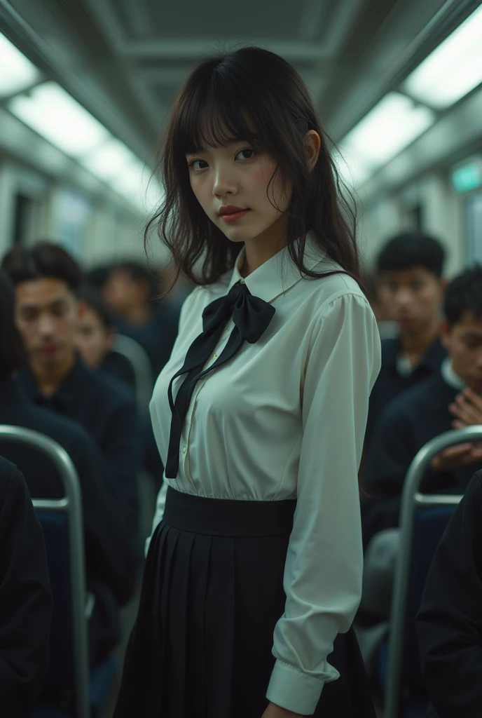 Beautiful detailed portrait of a young woman,  1 girl, Short school uniform skirt,  Big Breasts , Crowded subway train,   hairstyle slightly messy  , ( best quality,8k, high definition ,  Masterpiece :1.2),ultra-detailed,(Realistic,photoRealistic,photo-Rea...