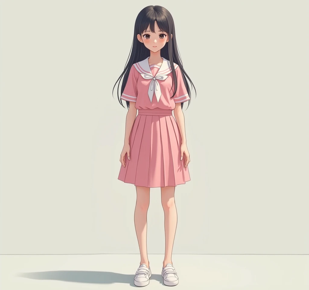 (Actual picture 1 .5), (( best quality )), ((masterpiece)), ( Detailed ) 1 woman( pink sailor suit ,22 years old,  Korean girl,The elm skirt , white shoes ,Attention, Immovable posture ,Skirt office ,) ( full body 1 .9), ,. , Standing. Smile. Pure, 길고 뾰족한 ...