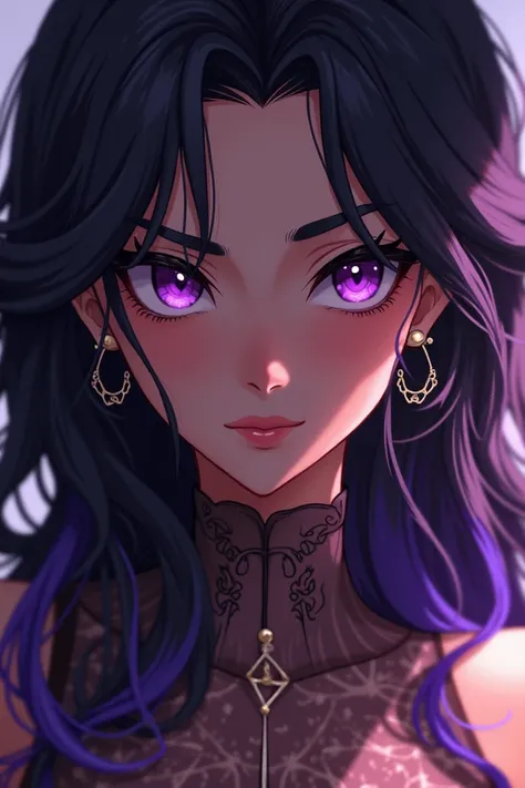 ANIME WOMAN,  brown skin ,long black and purple hair , Elegant Clothing,  purple eyes