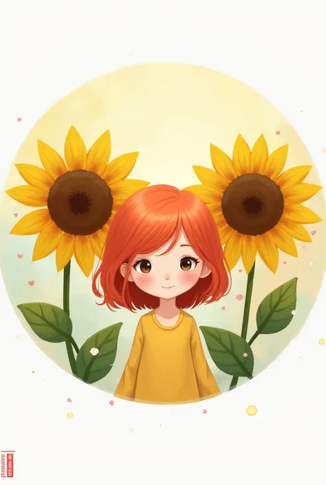 Round design with two drawn sunflowers and a cute redhead 