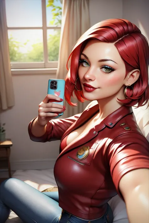 (high-level image quality), (high quality), (jkstyle), (high resolution), (detailed), (masterpiece), beautiful young woman, ((caucasian)), red hair, medium bob, dark red lipstick, red top, denim jacket, jeans, portrait, seductive, side view, selfie, 