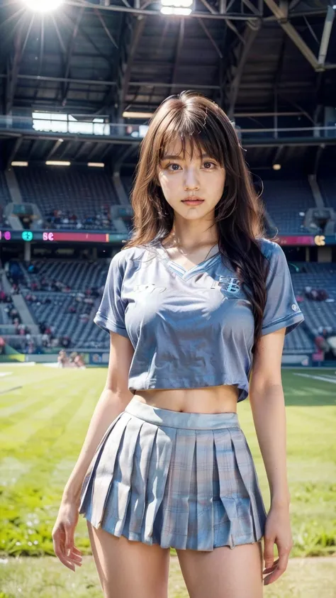 A beautiful young Japanese woman, 20 years old, with perfect anatomy, healthy thighs, beautiful feet, flawless skin, random hair color and style, large bust, wearing a cheerleader uniform with micro-pleated miniskirt, in a full-body shot, standing in a sta...