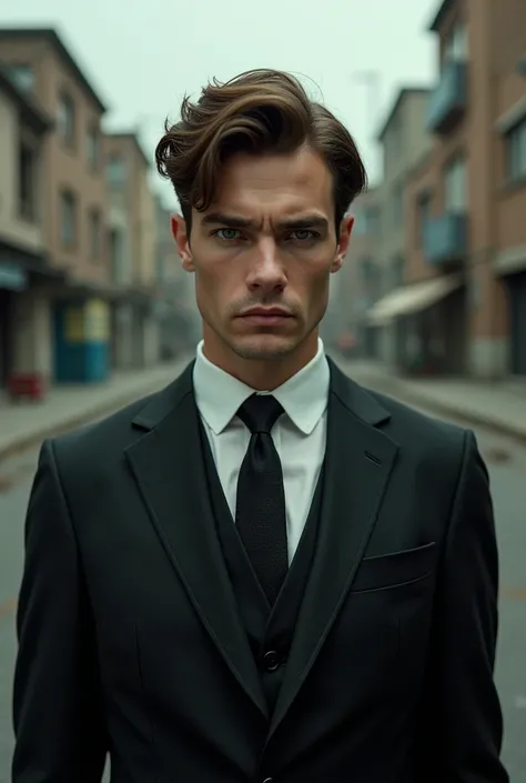 (photorealism:1.2), Brown-haired man, 25 years old, dressed in a suit, the expression on his face is severe, he has green eyes and in the background is a desolate street, realistic image, real photograph.