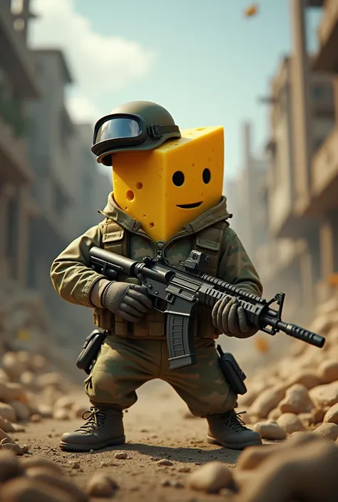 A cheese playing Pubg with war costume on team