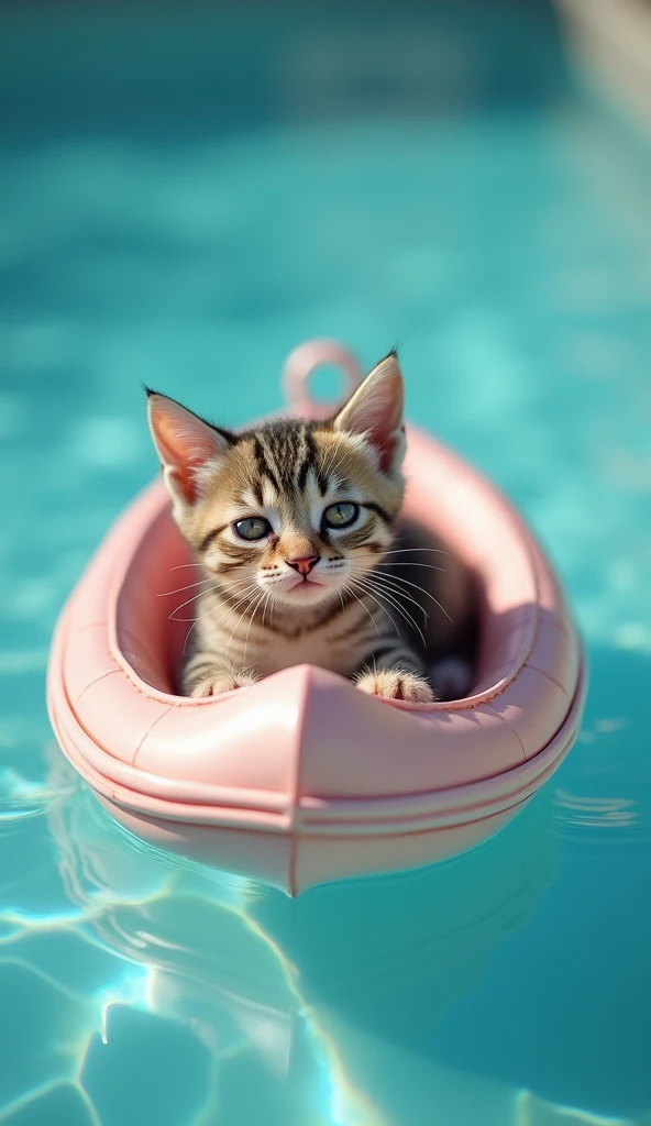 A cute real kitten is sleeping with her stomach sticking out on a vinyl boat in the pool 　 her eyes are big and her eyes are sparkling
Im looking up at the blue sky with big eyes
Vinyl boat is a small, cute boat with a kitten pattern