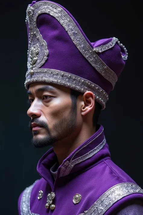  Create a mens cap for murga in purple and silver without feathers that is tall and has several materials, that doesnt have such a wide frill and is rather tall  
