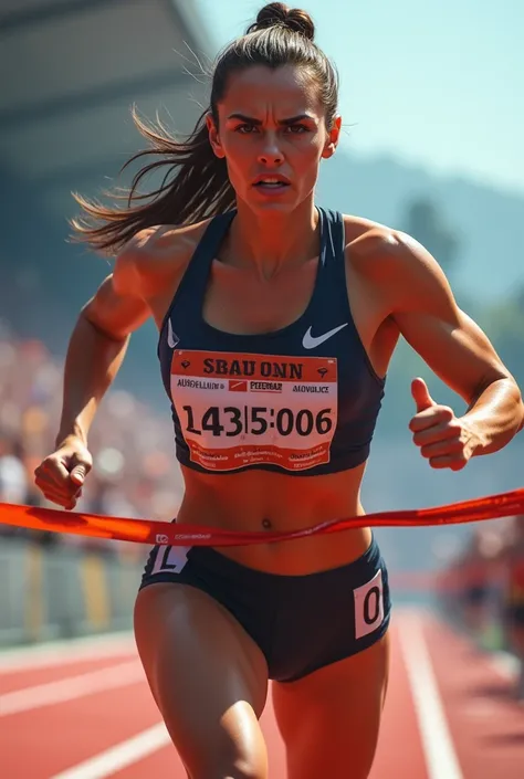 Woman for crossing a finish line but having the finish line visible
