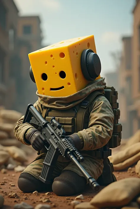 A cheese playing Pubg with war costume on team