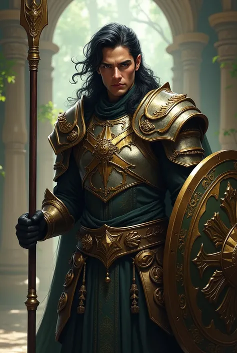 Male Elf with Black Hair wearing heavy armor. In his hands is a spear and a shield. He is 25 years old. He looks regal like a King. 