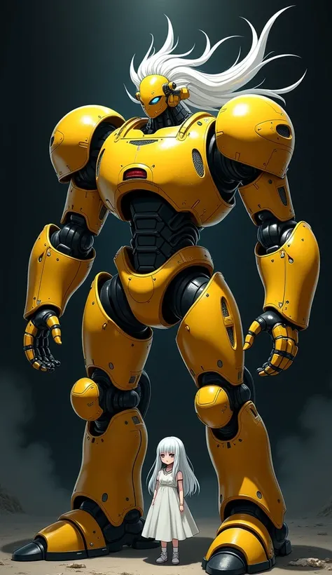 anime dark shadow shilloute a bulky round mechanical yellow metal robot with bulky gauntlets with a spirit of a young small girl with long white hair and a white dress floating behind him with a spectral aura, black background, epic anime style