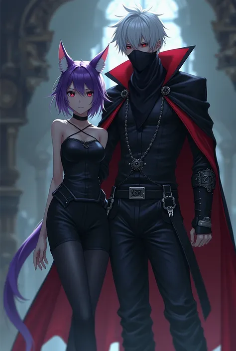 ((  masterpiece , anime)) wolf girl, 24 years old, long wolf tail, female, Short purple hair with white tips , beautiful, thin,  dark priest with black and red cape , purple eyes, Cultist, Alone, a character, long clothes.   Black bandana covering the mout...