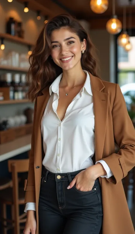  Create an image with the following characteristics: Skinny girl in white blouse and brown coat ,  big breasts good body posing in a coffee shop greeting the camera, bottom: Restaurant, Image quality: 1080P, Emotional state: happy, Camera angle: medium sho...