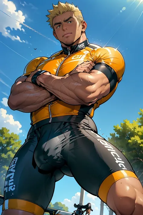 (1 boy), (crossed arms), 20 year-old boy, whole body, cute baby face, orgasm, bulky body, ((close-cropped hair)), yellow hair, (((huge thighs)), giant thighs, huge butt, huge bulge, masterpiece, best quality, perfect anatomically, high detailed, (((profess...