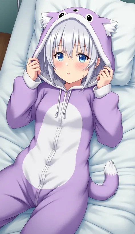  1 girl,  Grown Ups, short hair,White Hair, hospital bed ,sleep, closed eyes,Baggy clothes, pajamas with tail , costume pajamas , purple pajamas,fox pajamas ,big hood,Height 134 cm, shows shoulders,Clothes are out of place 