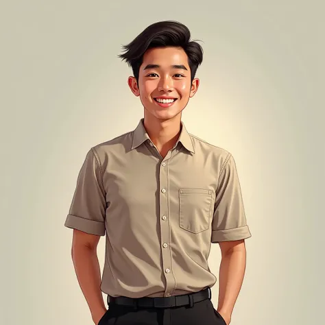 Một chàng trai viêt Nam,  30 years old ,  high nose ,  wearing short-sleeved shirt, black pants , Smiling face 