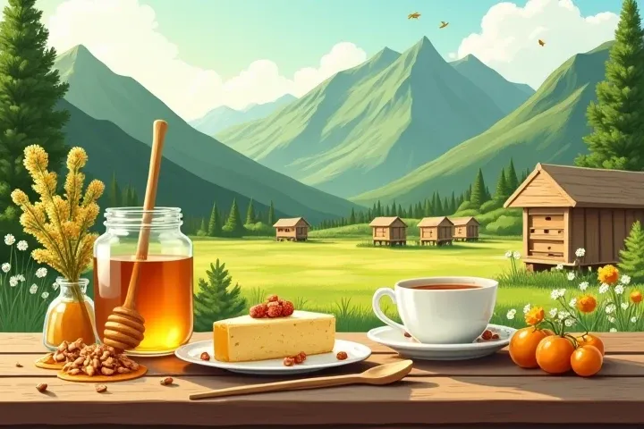  Create an illustration , conveying the atmosphere of Altai and its gastronomic features. In the foreground is a wooden table, on which are located: glass jar with golden honey, herbal tea in a porcelain mug, plate with Altai cheese, and a small dessert ma...