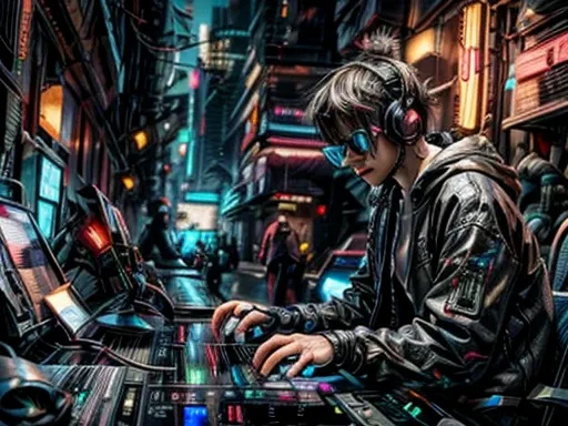 Cyberpunk DJ BOY   " with a text that says " for Recruitments info by aca DJ Carlos"