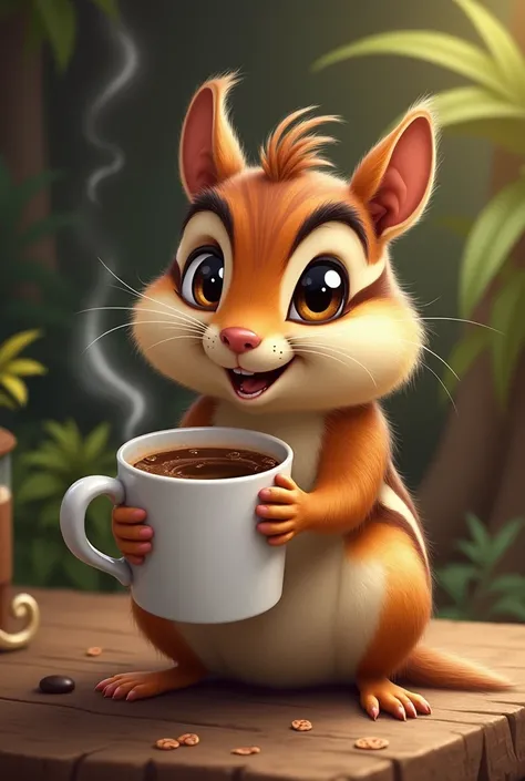 A funny Chipmunk drinking Amarum Coffee