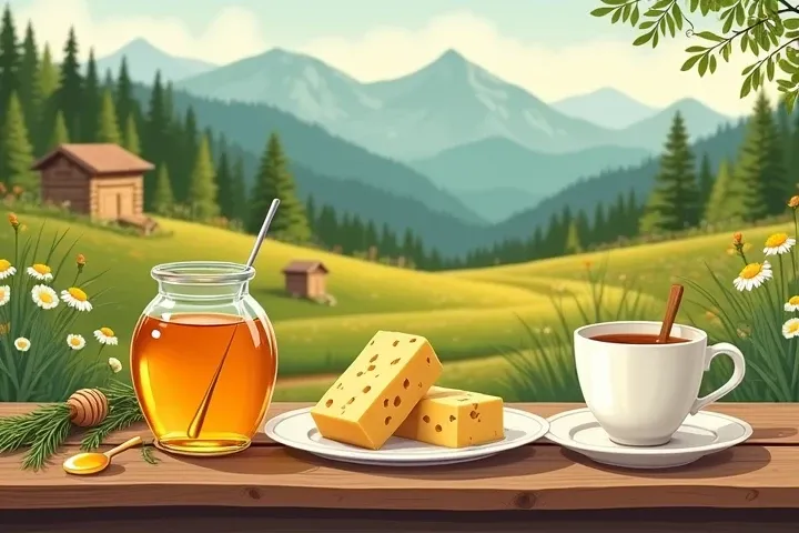  Create an illustration , conveying the atmosphere of Altai and its gastronomic features. In the foreground is a wooden table, on which are located: glass jar with golden honey, herbal tea in a porcelain mug, plate with Altai cheese, and a small dessert ma...