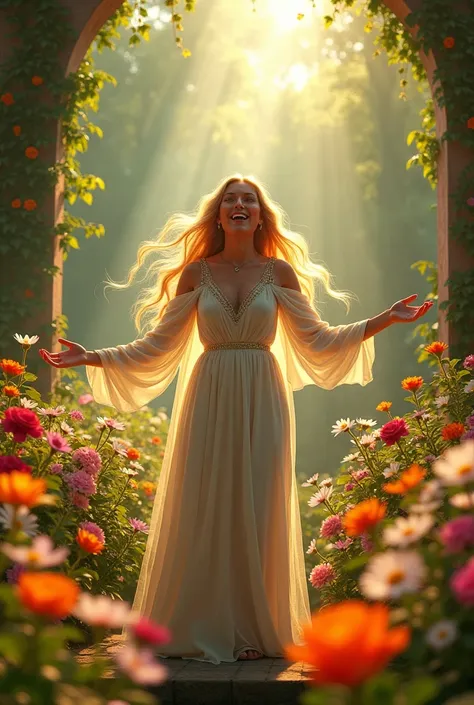 Please create an image of a blonde gospel singer singing in the flowery garden 