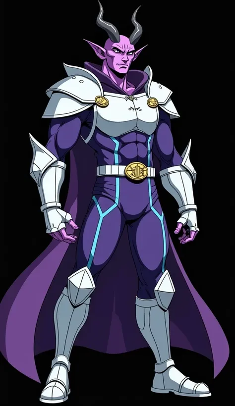 anime a quirky purple skin strong mature male tiefling with small straight pointy black horns and no hair wearing a blue and white medieval military armor over a power ranger purple jumpsuit doing a battle justice pose, black background, epic anime style