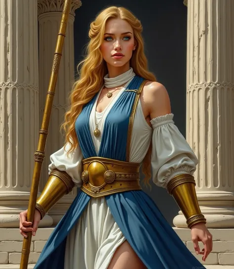 A painting done in the style of Raphael, very beautiful adult 34 years old woman, light skin, blue eyes, yellow wavy loose viking braid long hair, super booby, strong muscles, long blue vest long loose sleeves, white long loose turtleneck dress, golden arm...