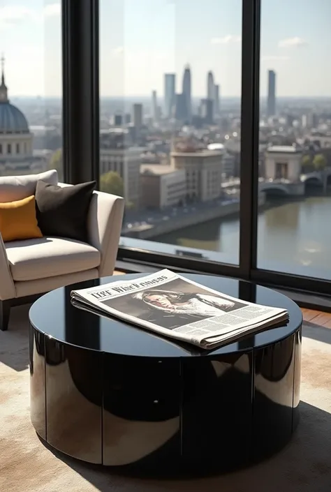  Create an image of a coffee table lacquered in black with a newspaper .  The headline of the newspaper reads  " LIZZIE VERNIERI THE WINE PRINCESS ". The newspaper is from London .  In the background a modern room with an innovative design in the color bla...