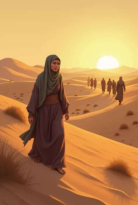 An illustration of Aisyah RA, the wife of Prophet Muhammad SAW, traveling with a group of companions through the desert, when she accidentally becomes separated from them. The atmosphere is calm but slightly tense as the caravan continues ahead, unaware th...