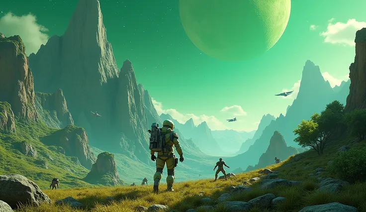  Create a lush and realistic image of a game scenario  (videogame) in open world ,  set in a distant galaxy . The main focus should be a green planet ,  with a rocky surface and imposing mountains that rise against a starry sky .  The mountains must have r...