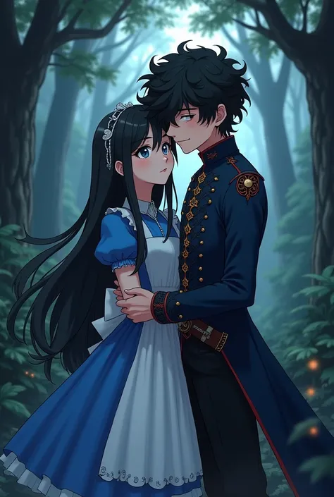 Adult girl with long black hair wearing Alice in Wonderland clothes with an adult boy with curly black hair wearing blue gothic clothes, In the background a dark forest with magical creatures , anime type