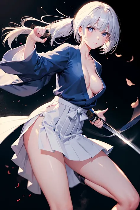 （（high quality、masterpiece、detailed、normal body、５This finger、Precise、delicate））、beautiful girl swordsman（（C cup、Holds a Japanese sword in the right hand、holding the scabbard in the left hand、silver hair））、black racy robe、Black and white bra、white racy mini...