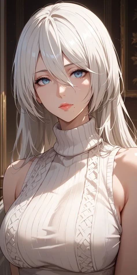 Score_9, Score_8_up, Score_7_up, Source_anime, anime art, anime style, very aesthetic, masterpiece, high quality, 1girl, cool character, mature woman, milf, curvaceous, mole under mouth, sleeveless turtleneck sweater, white hair, long hair, hair between ey...