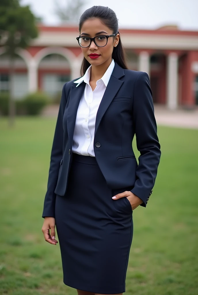 (grainy image). A young Mexican woman with dark skin, thick eyebrows, long black hair in a ponytail, red lips. She is wearing a suit that consists of a navy blue jacket, a white blouse underneath, a fitted navy blue skirt, black high heels, and glasses. In...