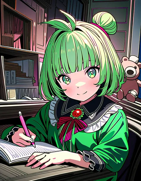 (8K, best quality, master piece: 1.2),super high resolution,1 idol,solo,16yo,ultra-detailed face,ultra-detailed eyes,brown eyes,blunt bangs,topknot,mint green hair,writing a book, sitting on a sofa,(with Christmas teddy bear:1.4),big Smile,mascara,velvet r...