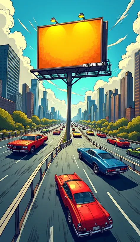 comic book art style Generate an image of a highway system, with multiple roads with a billboard saying website traffic with the freeway fall of cars