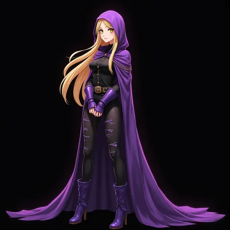 dark shadow shilloute of a evil female 30 year old with long blond hair and gold eyes wearing medieval purple gauntlets and boots and a black shirt with a purple hood over her face and a long purple ripped cape with a psycho smile , black background, epic ...