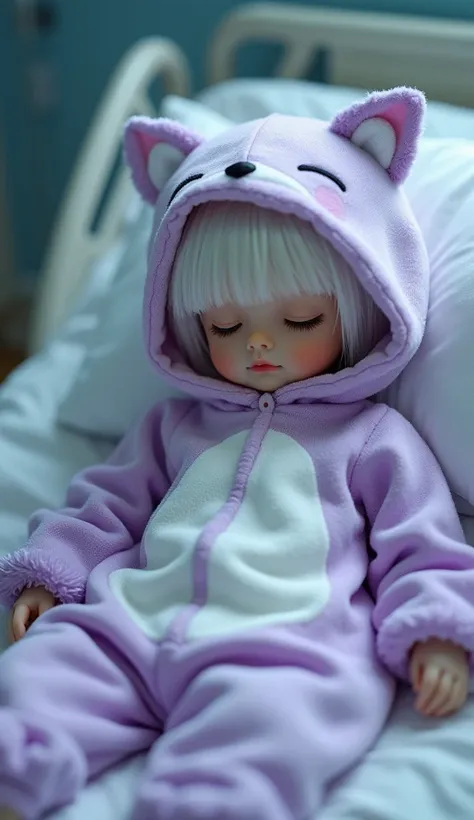  1 girl,  Grown Ups, short hair,White Hair, hospital bed ,sleep, closed eyes,Baggy clothes, pajamas with tails, kigurumi pajamas , purple pajamas,fox pajamas ,big hood,Height 134 cm, high definition , masterpiece, accurate,  Very detailed,  textured skin ,...