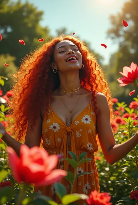 Please create an image of a red-haired woman
Gospel singer singing in the flowery garden 